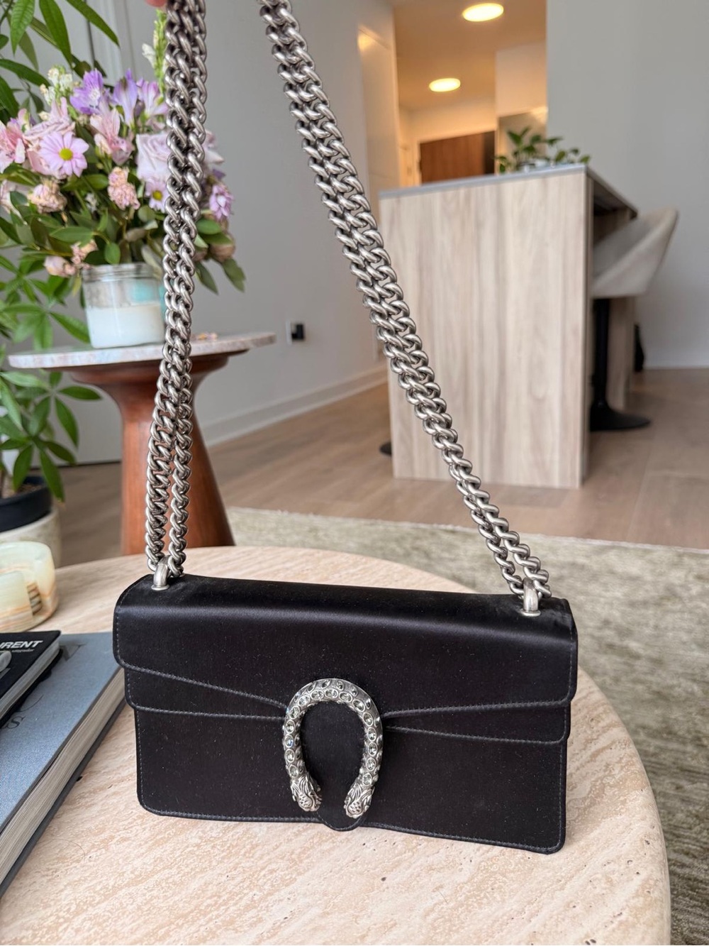 GUCCI dionysus — Black Leather Shoulder Bag with Silver Chain and Horsebit Accen